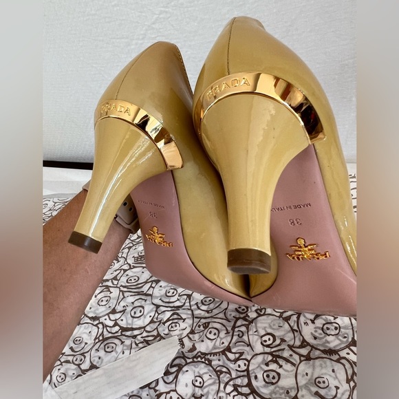 PRADA Patent Leather Yellow Peep Toe Heel w/Signature Gold Tone Plate - Picture 8 of 13